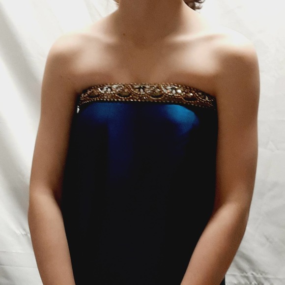 Panoply Navy strapless full skirt gown w/train sequin rhinestone beads 0 - Picture 6 of 16